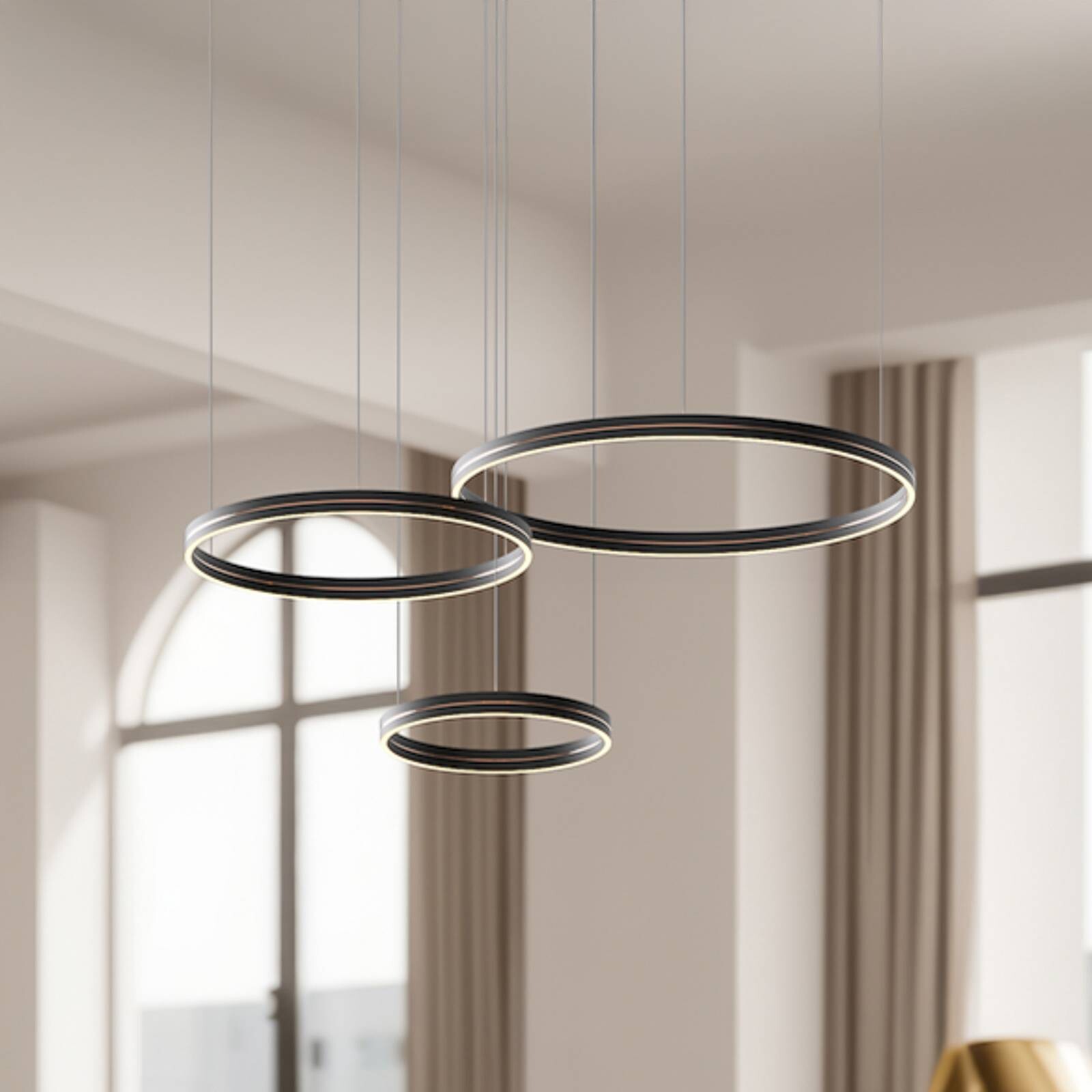 LED závesné svietidlo Gravity, 3-pl., kov, čierne, 4 000 K