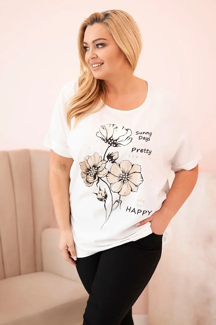 Kesi Włoski Dámska blúzka Plus Size z viskózy s kvetinovou potlačou a nápisom ecru