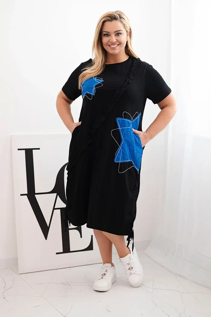 Kesi Włoski Dámske bavlnené šaty Plus Size s hviezdami čierna + nevädzová modrá