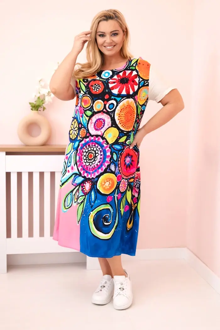 Kesi Włoski Dámske šaty Plus Size z viskózy s farebnou potlačou béžový + ružový