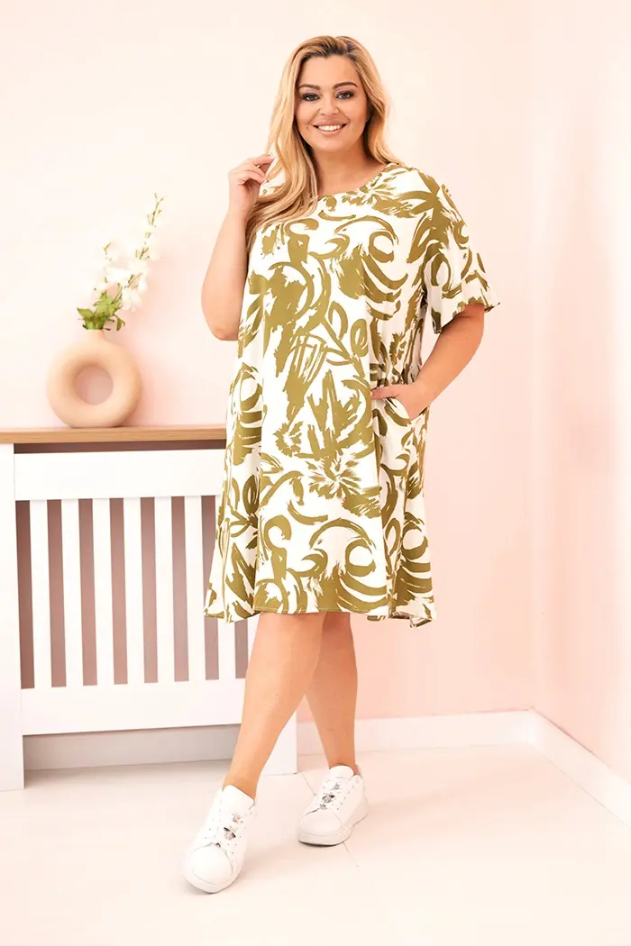 Kesi Włoski Dámske šaty Plus Size z viskózy s abstraktným vzorom olivová