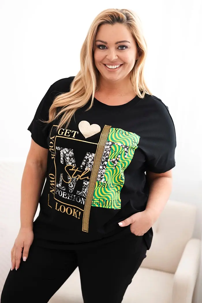 Kesi Włoski Bavlnená dámska blúzka Plus Size s potlačou a flitrami biela + zelená