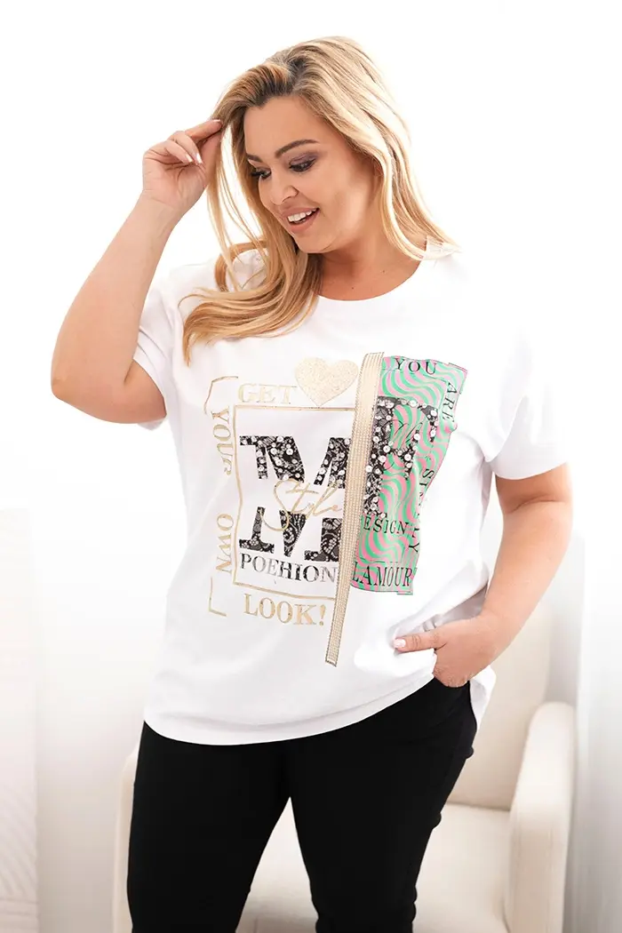 Kesi Włoski Bavlnená dámska blúzka Plus Size s potlačou a flitrami biela + ružová