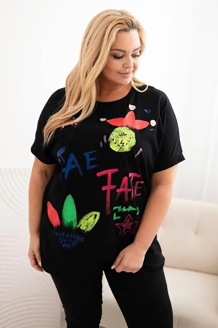 Kesi Włoski Dámska bavlnená blúzka Plus Size s farebnou potlačou čierny