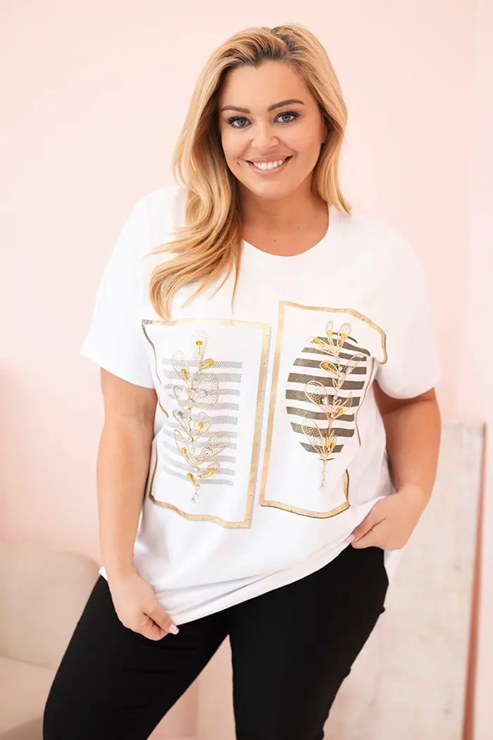 Kesi Włoski Dámska bavlnená blúzka Plus Size s kamienkami biela + khaki