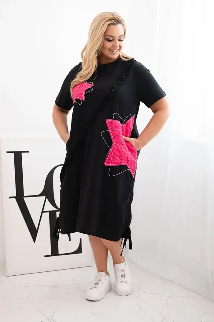 Kesi Włoski Dámske bavlnené šaty Plus Size s hviezdami čierna + ružová