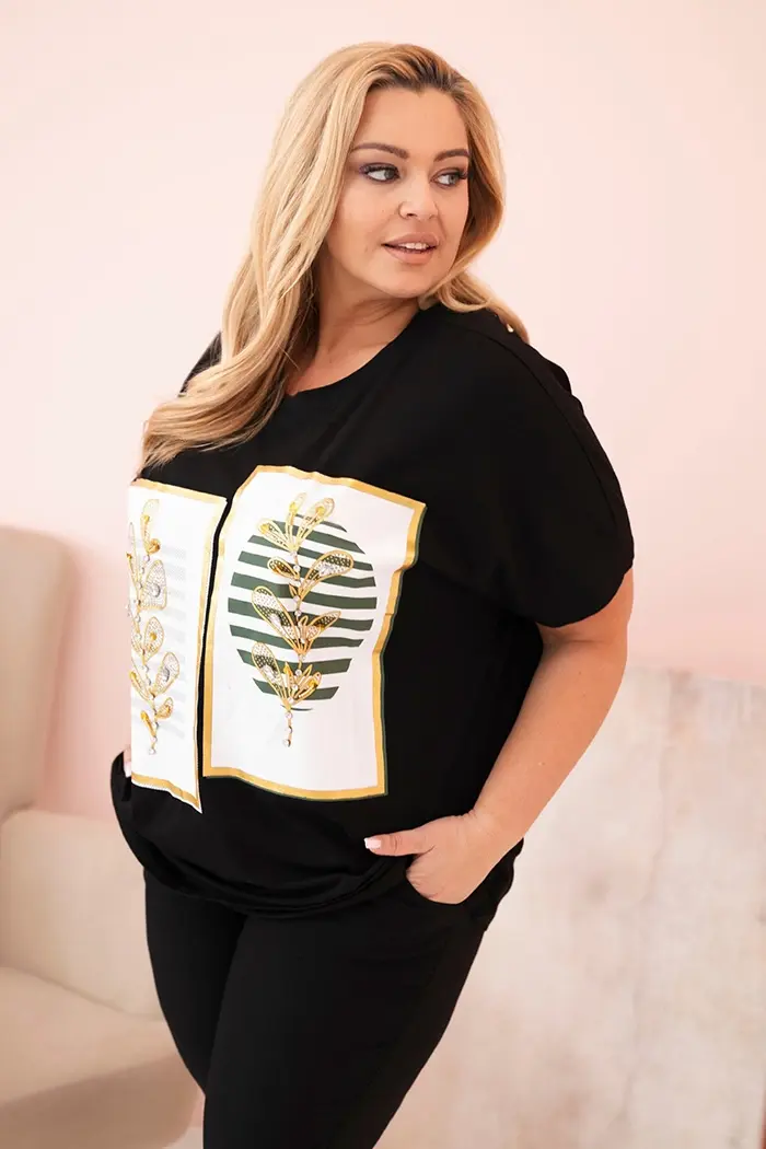 Kesi Włoski Dámska bavlnená blúzka Plus Size s kamienkami čierna + khaki