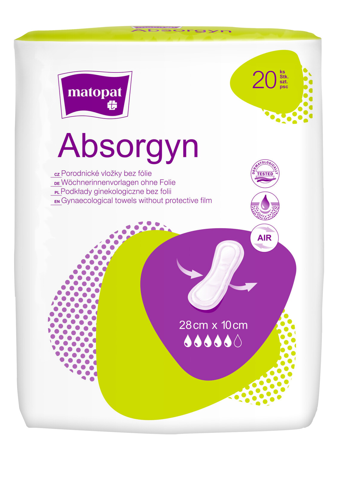 ABSORGYN popôrodné gynekologické vložky bez fólie 28 cm x 10 cm, 20 ks