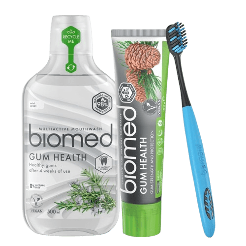 BIOMED Gum Health sada starostlivosti o citlivé ďasná, zubná pasta 100g, kefka a ústna voda 500ml