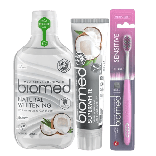 BIOMED Superwhite sada bieliaca zubná starostlivosť, zubná pasta 75ml, kefka a ústna voda 500ml