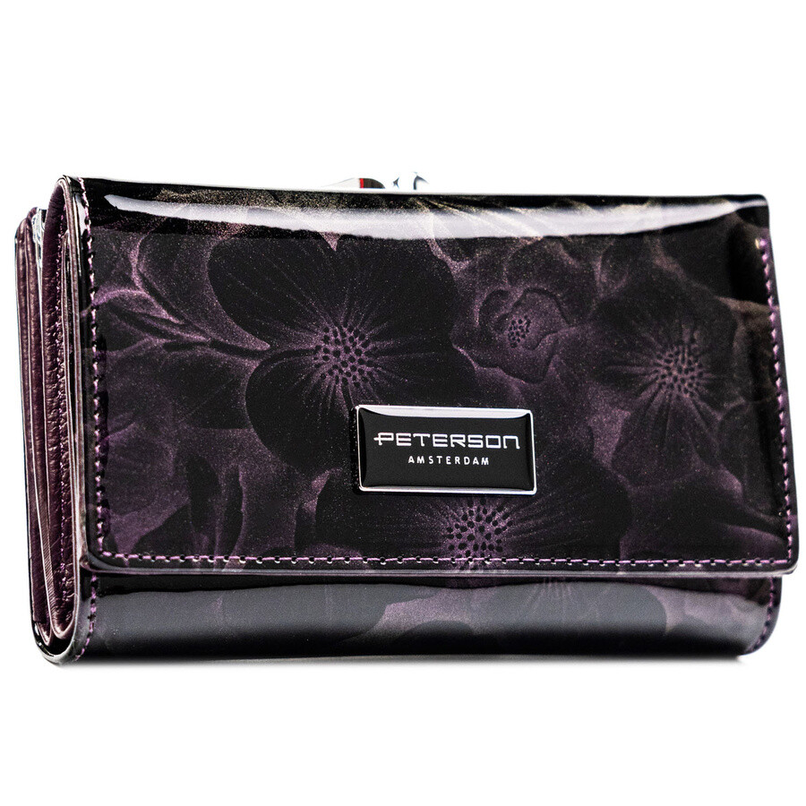 Modna fioletowa portmonetka damska w kwiaty portfel na zatrzask i bigiel lakierowana skóra ekologiczna i naturalna RFID STOP Peterson