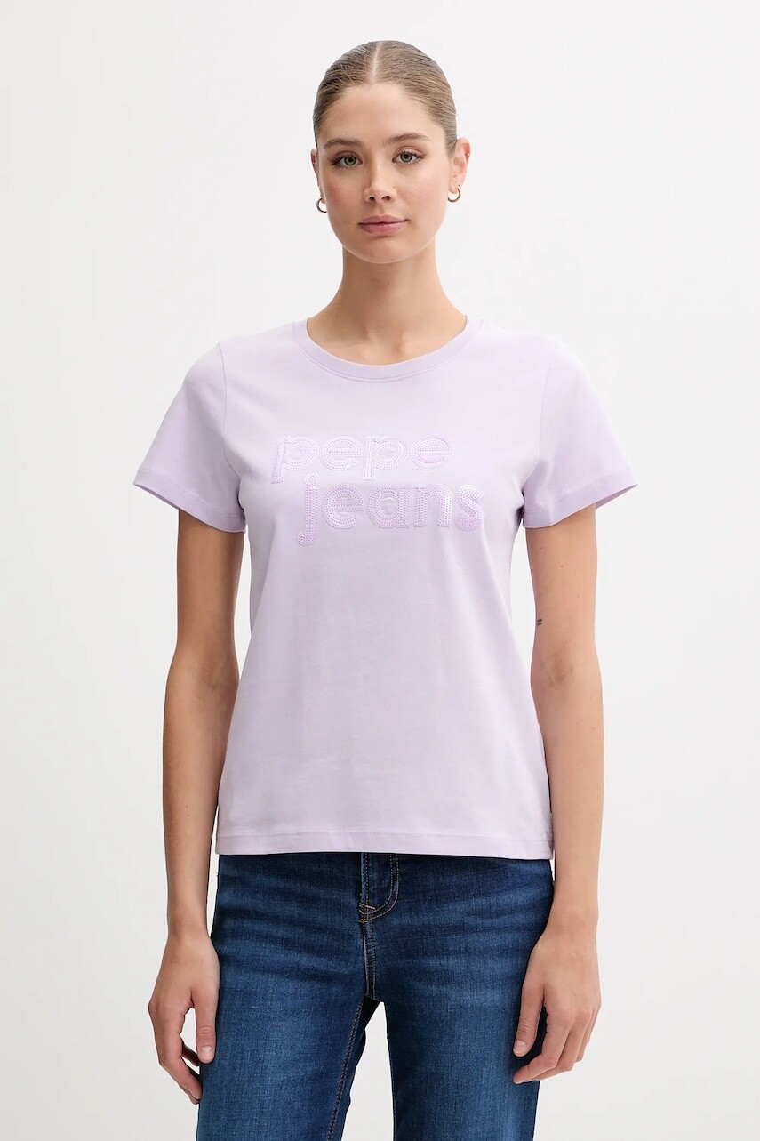 Bavlnené tričko Pepe Jeans dámske, fialová farba, PL506113