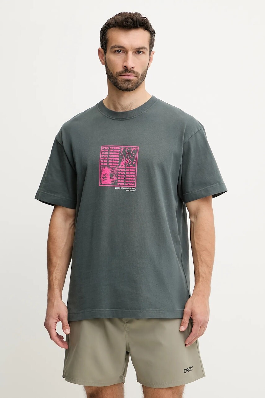 Bavlnené tričko Rip Curl RAW ENERGY pánske, šedá farba, s potlačou, 0OCMTE