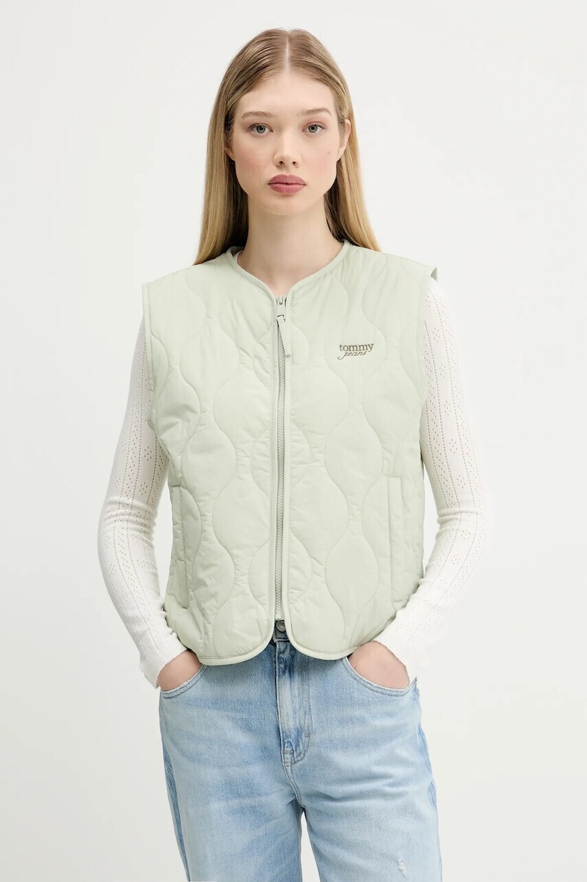 Vesta Tommy Jeans dámska, zelená farba, prechodná, DW0DW21184