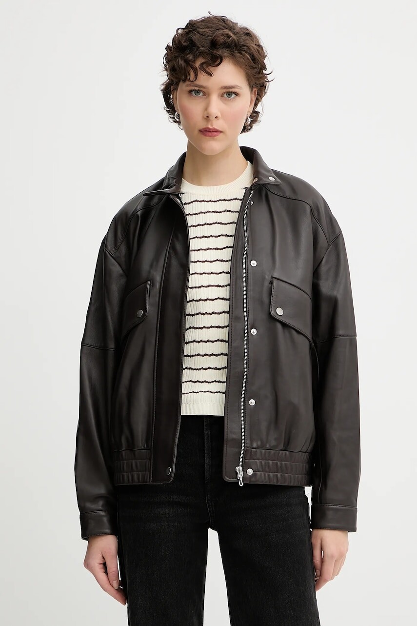 Kožená bunda Rag & Bone hnedá farba, prechodná, oversize, WAW25P2000LT00