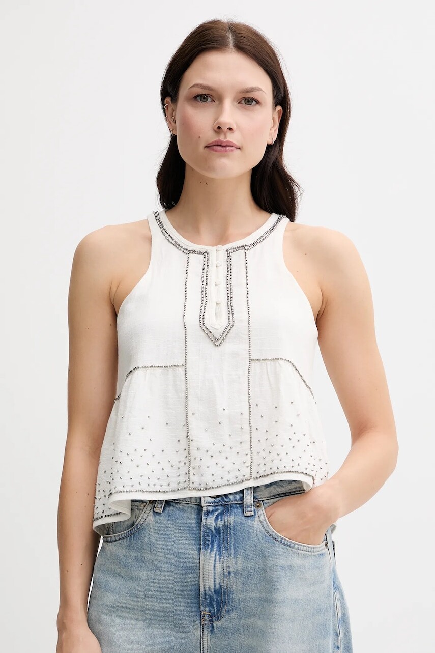 Bavlnená blúzka Pepe Jeans béžová farba, s nášivkou, PL305102