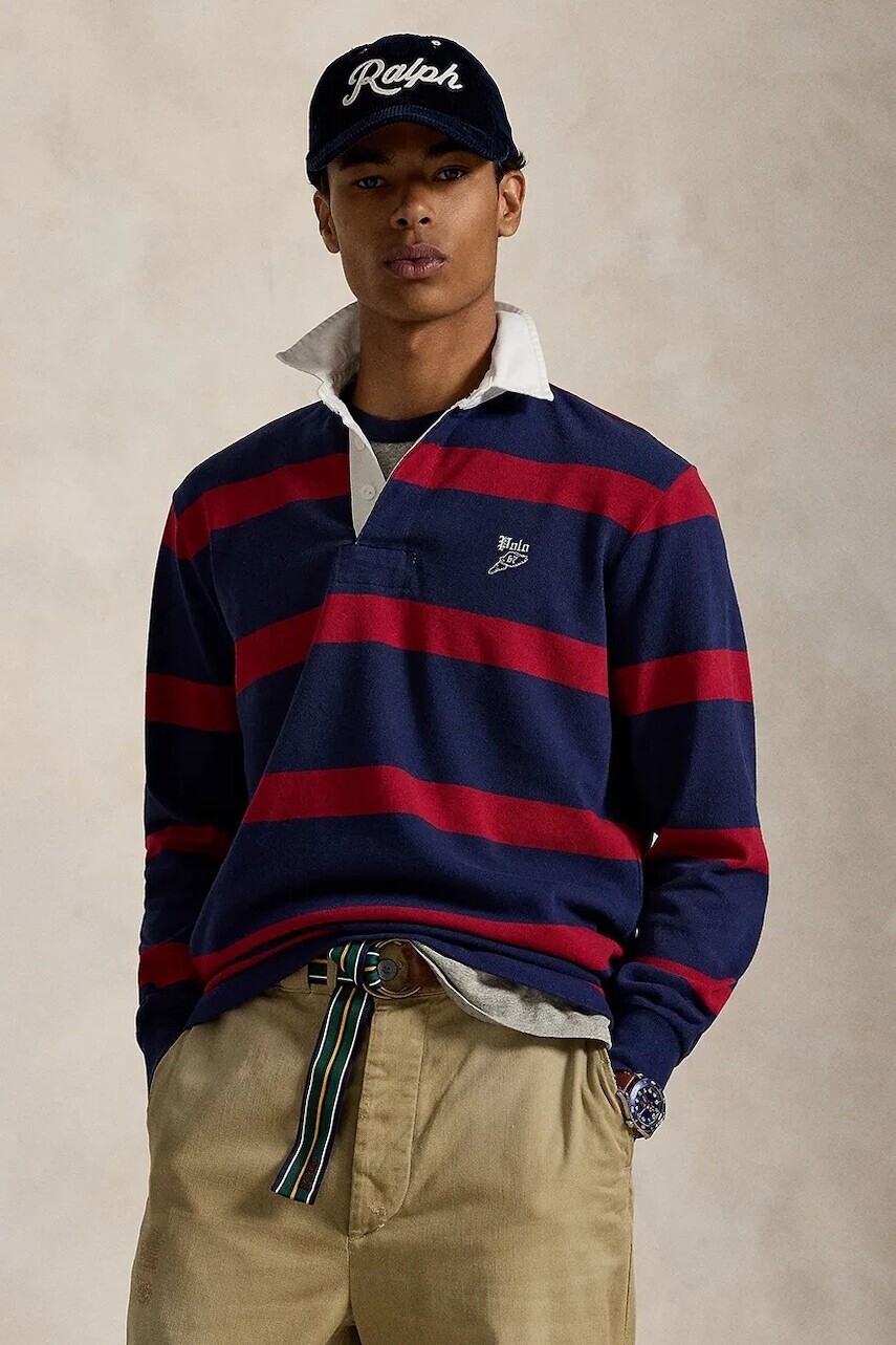 Bavlnené polo tričko Polo Ralph Lauren Lsrugbym2 Long Sleeve tmavomodrá farba, vzorovaná, 710972673