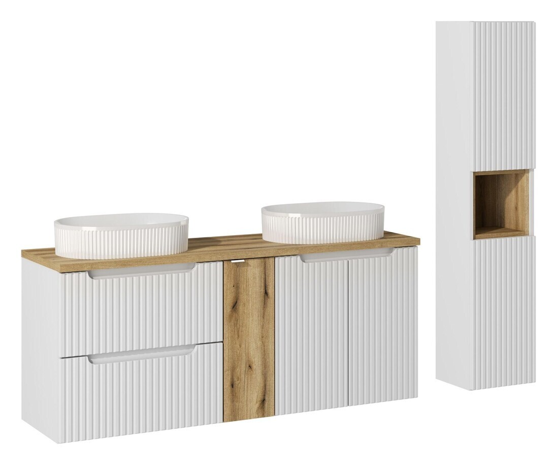 Koupelnová sestava Nova White s deskou a umyvadly 140 cm bílá/dub evoke
