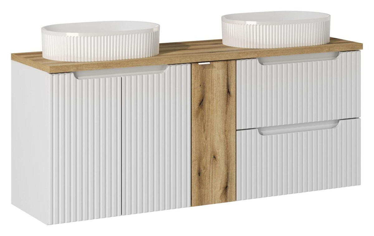 Závěsná skříňka Nova White s deskou a umyvadly 140 cm bílá/dub evoke