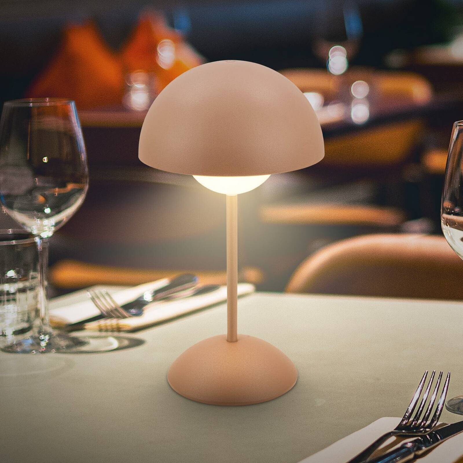 LED stolová lampa Kugle, hnedá, kov, IP44, stmievateľné