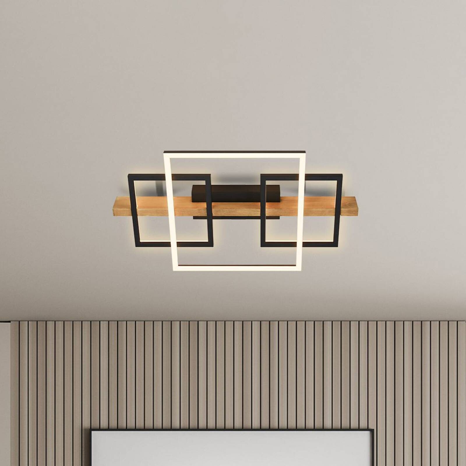 Stropné LED svetlo Cadre, 3000K, 55cm, čierne, drevo