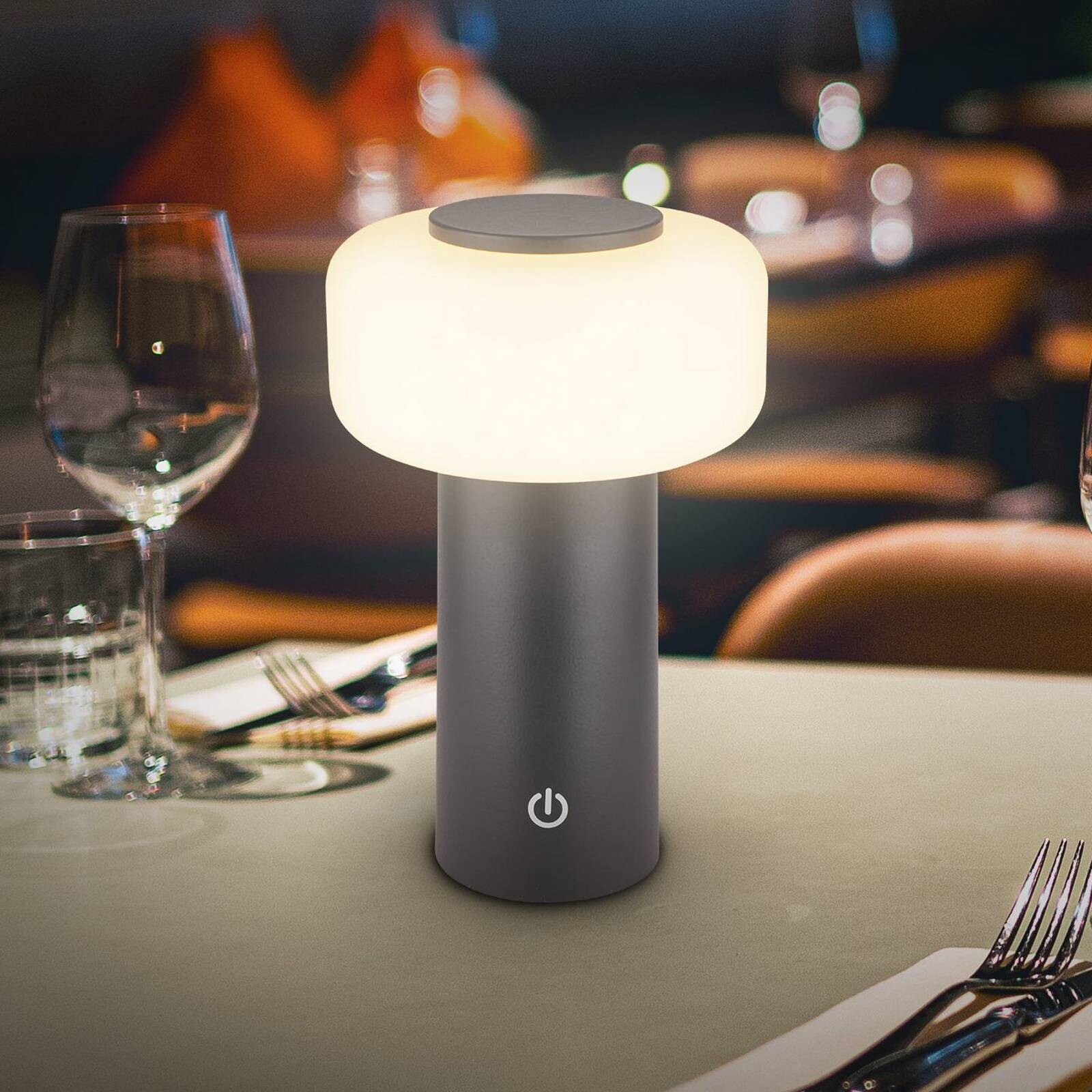 LED stolová lampa Juna, antracitová, IP44, stmievateľná, 20 cm