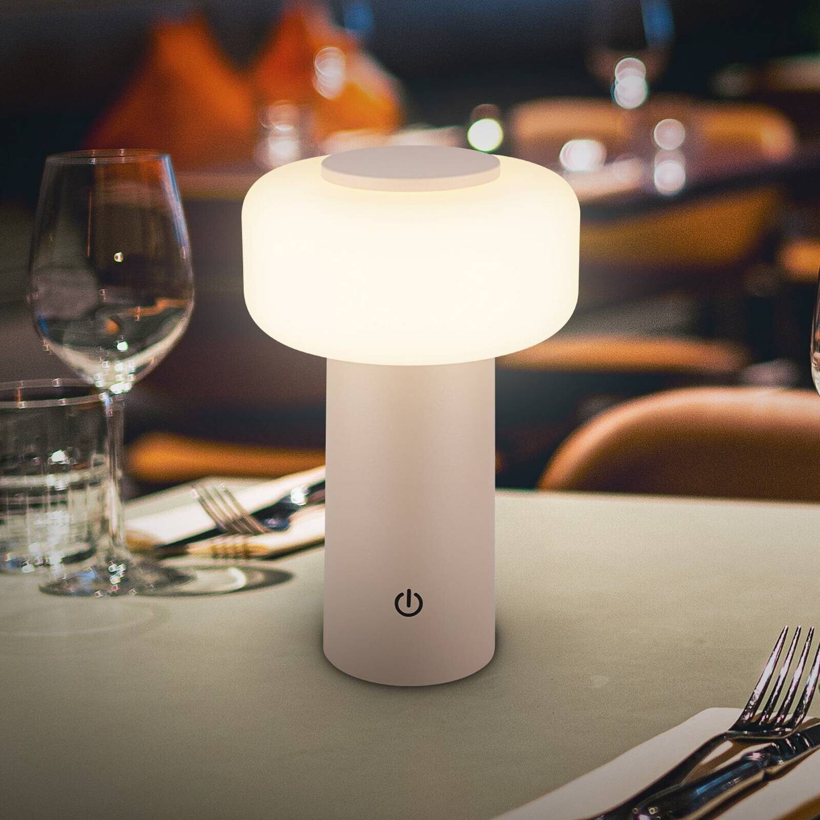 LED stolová lampa Juna, béžová, IP44, stmievateľná, 20 cm