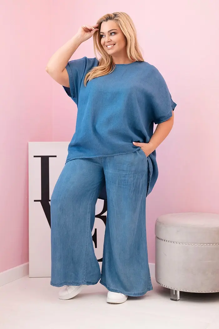Kesi Włoski Dámsky komplet Plus Size z tencelu blúzka a nohavice s viazaním džínsový
