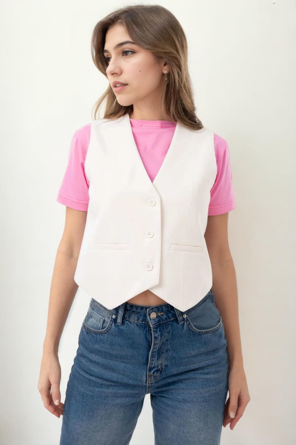 84295 Dewberry Womens Lined Waistcoat with 3-Button Closure-EKRU