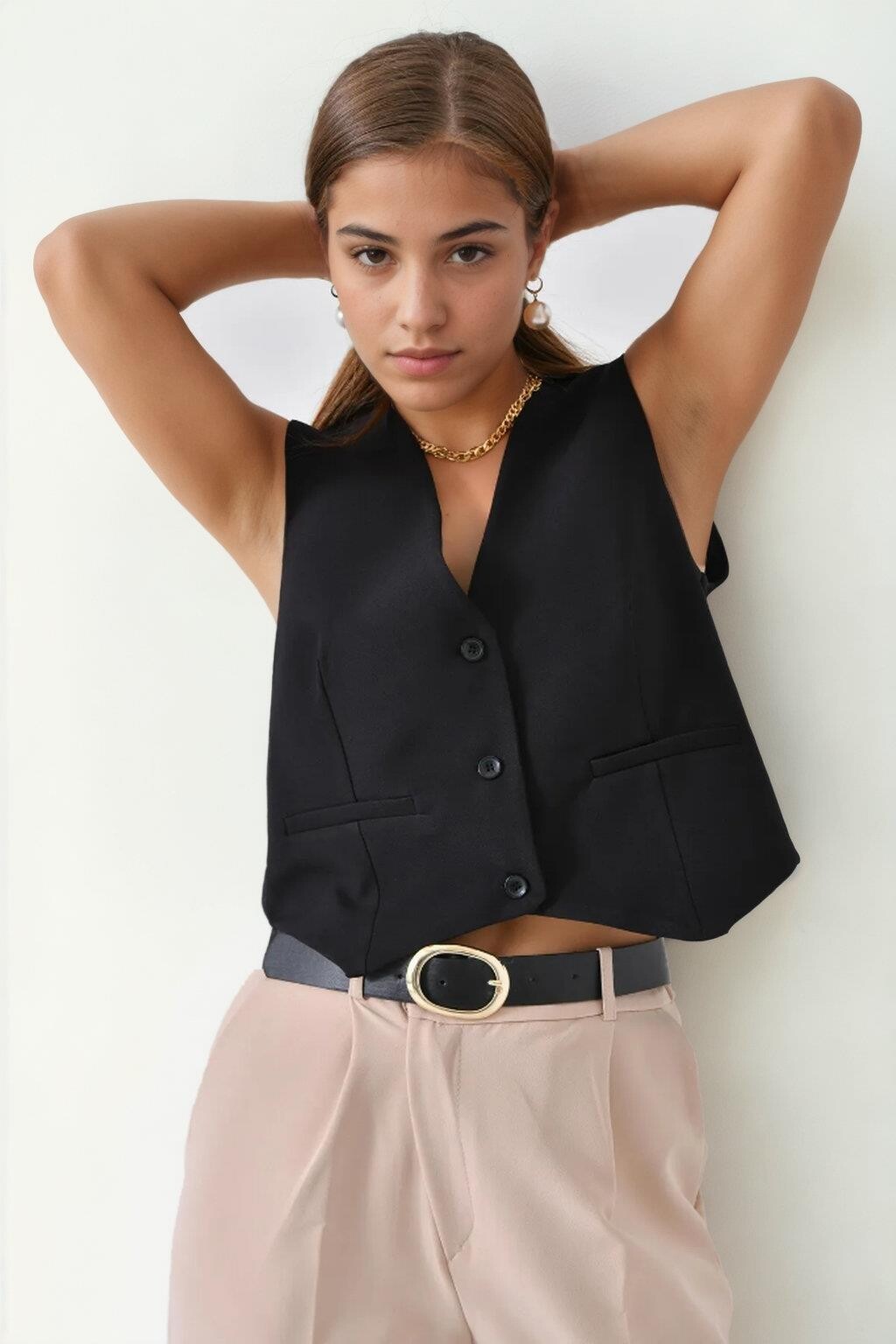 84295 Dewberry Womens Lined Waistcoat with 3-Button Closure-BLACK