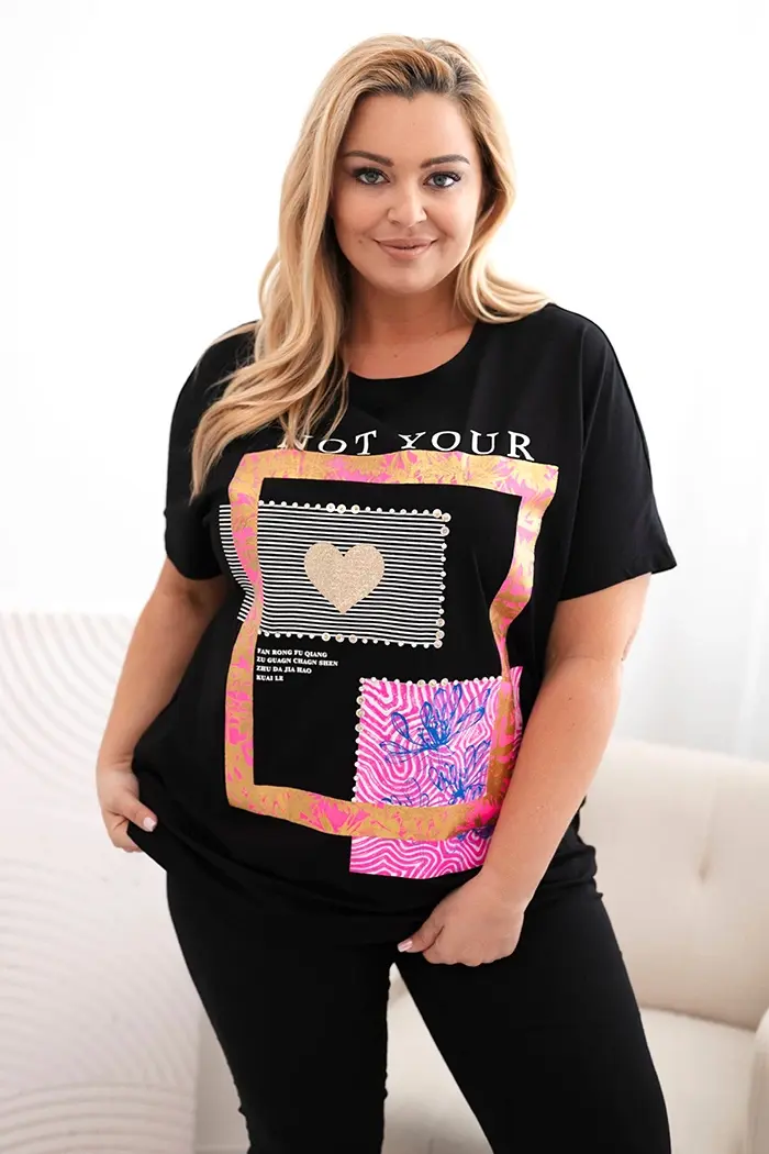 Kesi Włoski Dámska bavlnená blúzka Plus Size so zlatým nápisom biela + ružová