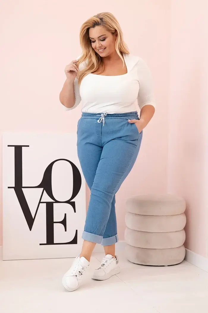 Kesi Włoski Dámske bavlnené nohavice Plus Size s elastickým pásom a šnúrkou ľahká džínsovina