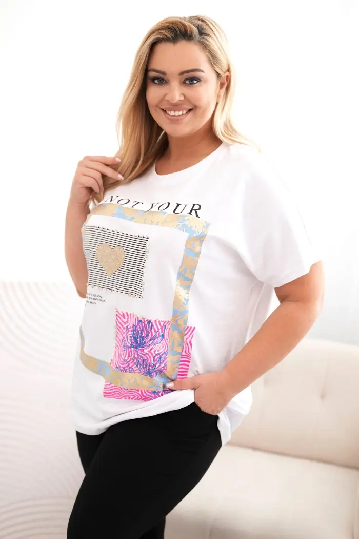 Kesi Włoski Dámska bavlnená blúzka Plus Size so zlatým nápisom biela + modrá