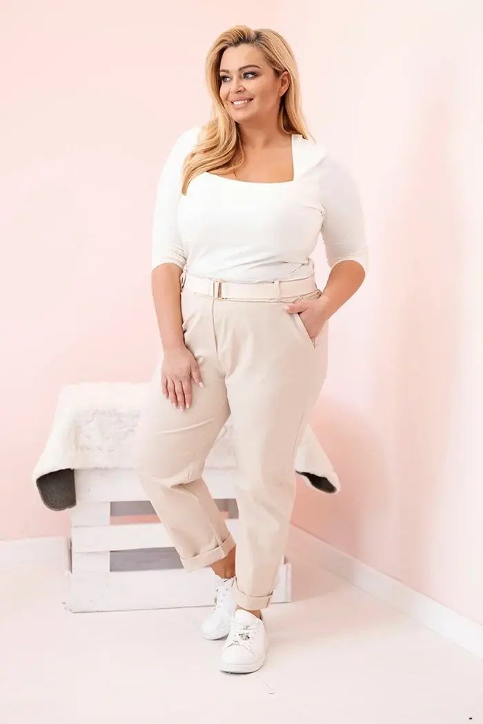 Kesi Włoski Dámske bavlnené nohavice Plus Size s opaskom svetlo béžová