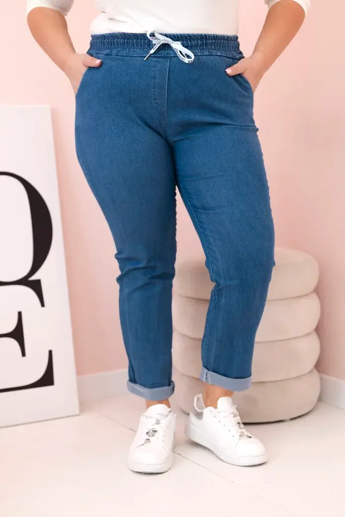 Kesi Włoski Dámske bavlnené nohavice Plus Size s elastickým pásom a šnúrkou tmavá džínsovina