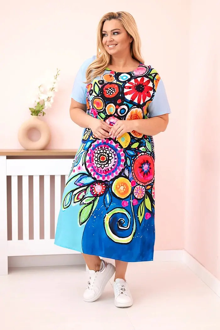 Kesi Włoski Dámske šaty Plus Size z viskózy s farebnou potlačou modrá