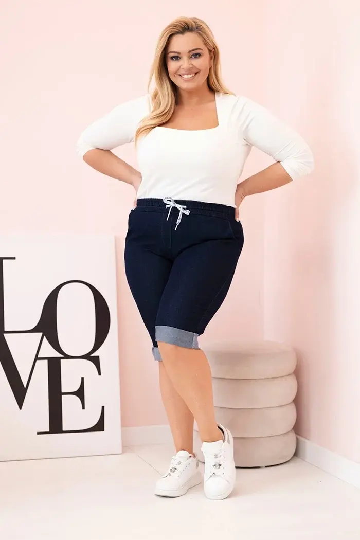 Kesi Włoski Dámske bavlnené šortky Plus Size so šnúrkou tmavá džínsovina