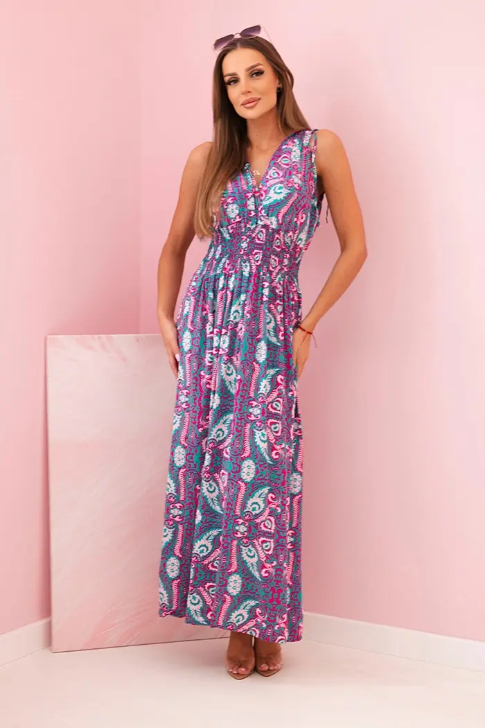 Kesi Włoski Dámske bavlnené šaty s hlbokým výstrihom a viazanými ramienkami tyrkysová + fuchsia