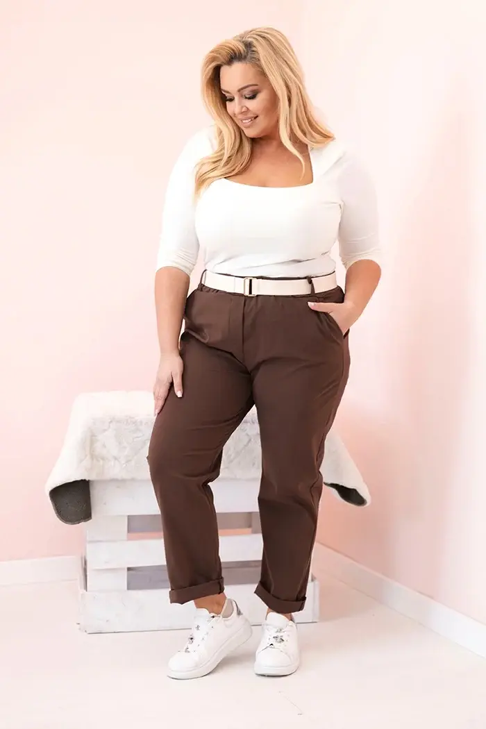 Kesi Włoski Dámske bavlnené nohavice Plus Size s opaskom hnedý