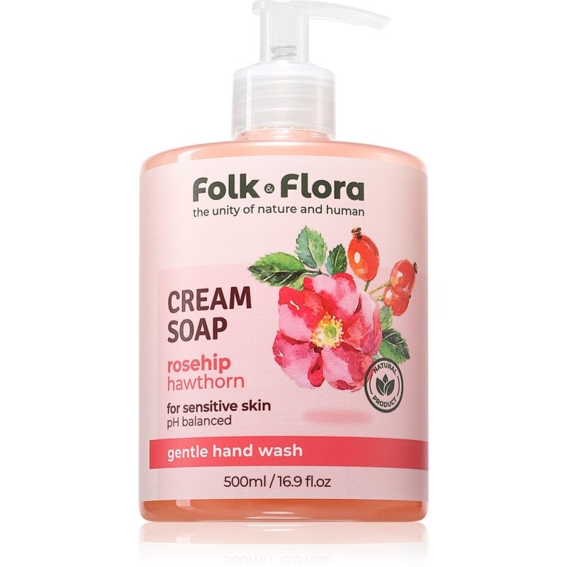 Folk & Flora Rosehip & Hawthorn krémové tekuté mydlo pre citlivú pokožku 500 ml