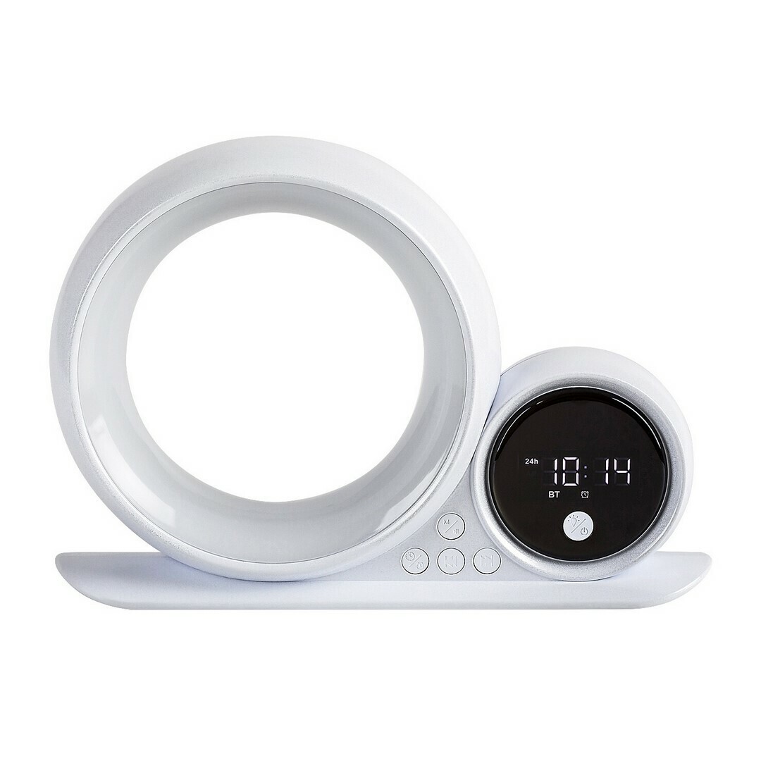 Rabalux 76109 dekoratívna stolná lampa Wakeway, s reproduktorom, RGB, hodinami a budíkom