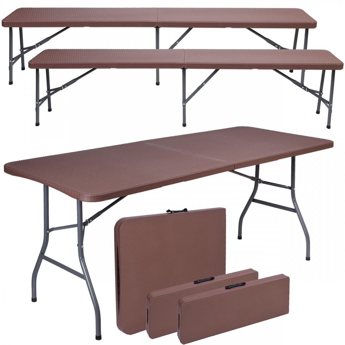 Cateringový set RATTAN stôl 180 cm a 2 lavice hnedý