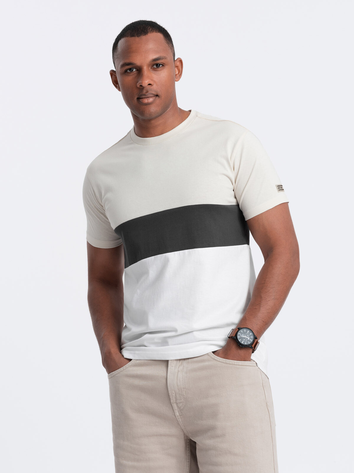 Ombre Men's tricolor T-shirt with wide stripes - cream and white