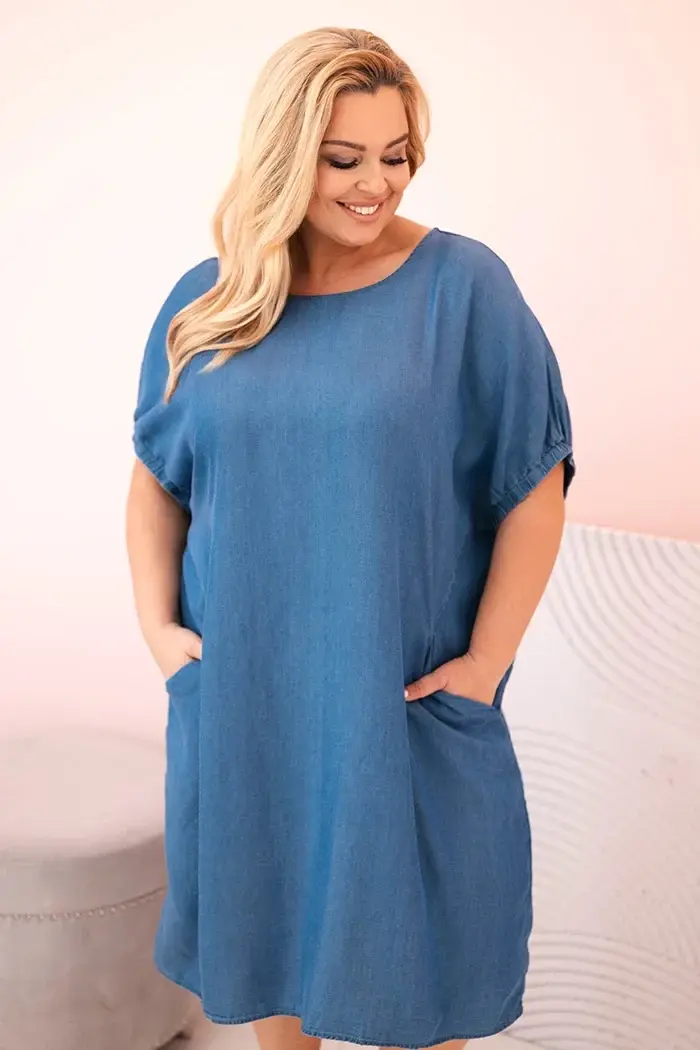 Kesi Włoski Dámske šaty Plus Size z lyocellu s riasením a vreckami džínsové