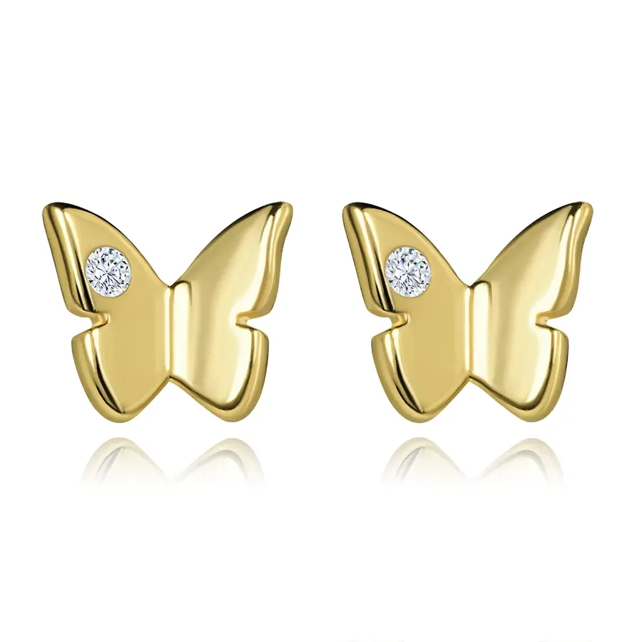 Zlaté náušnice 14K v tvare motýľa s čírym zirkónom