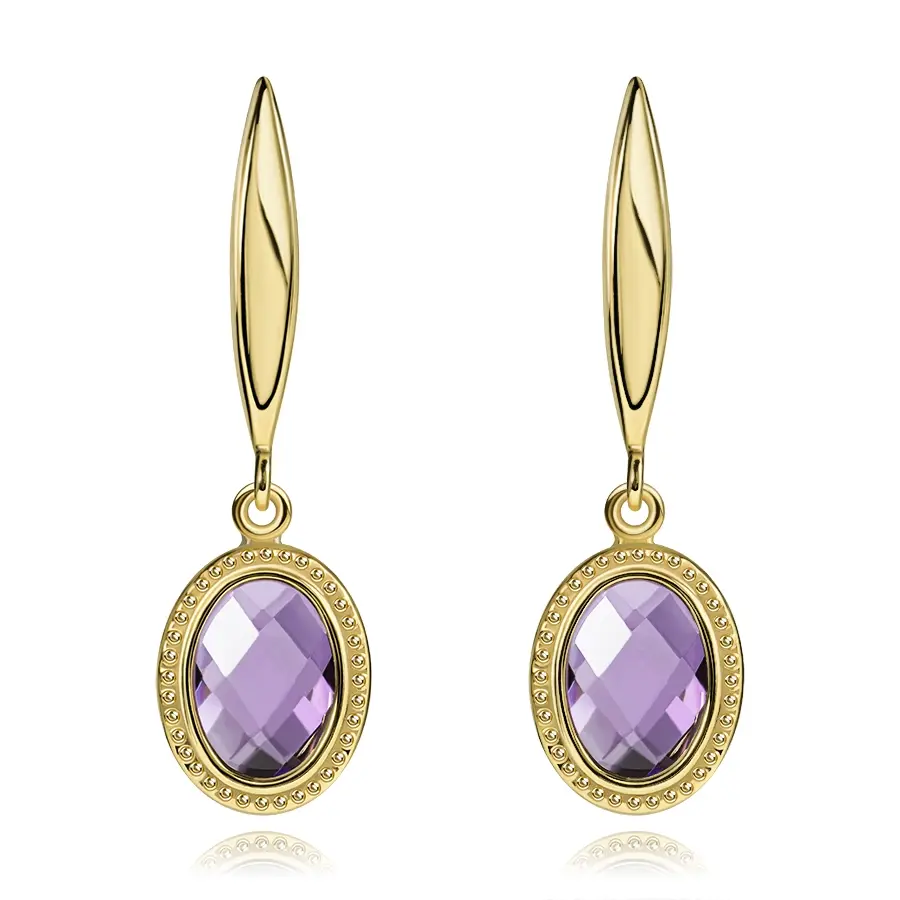Zlaté náušnice zo 14K zlata s oválnym ametystom