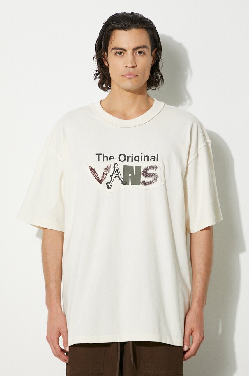 Bavlnené tričko Vans Premium Classics LX Vans Clash pánske, béžová farba, s potlačou, VN000HQ73KS1