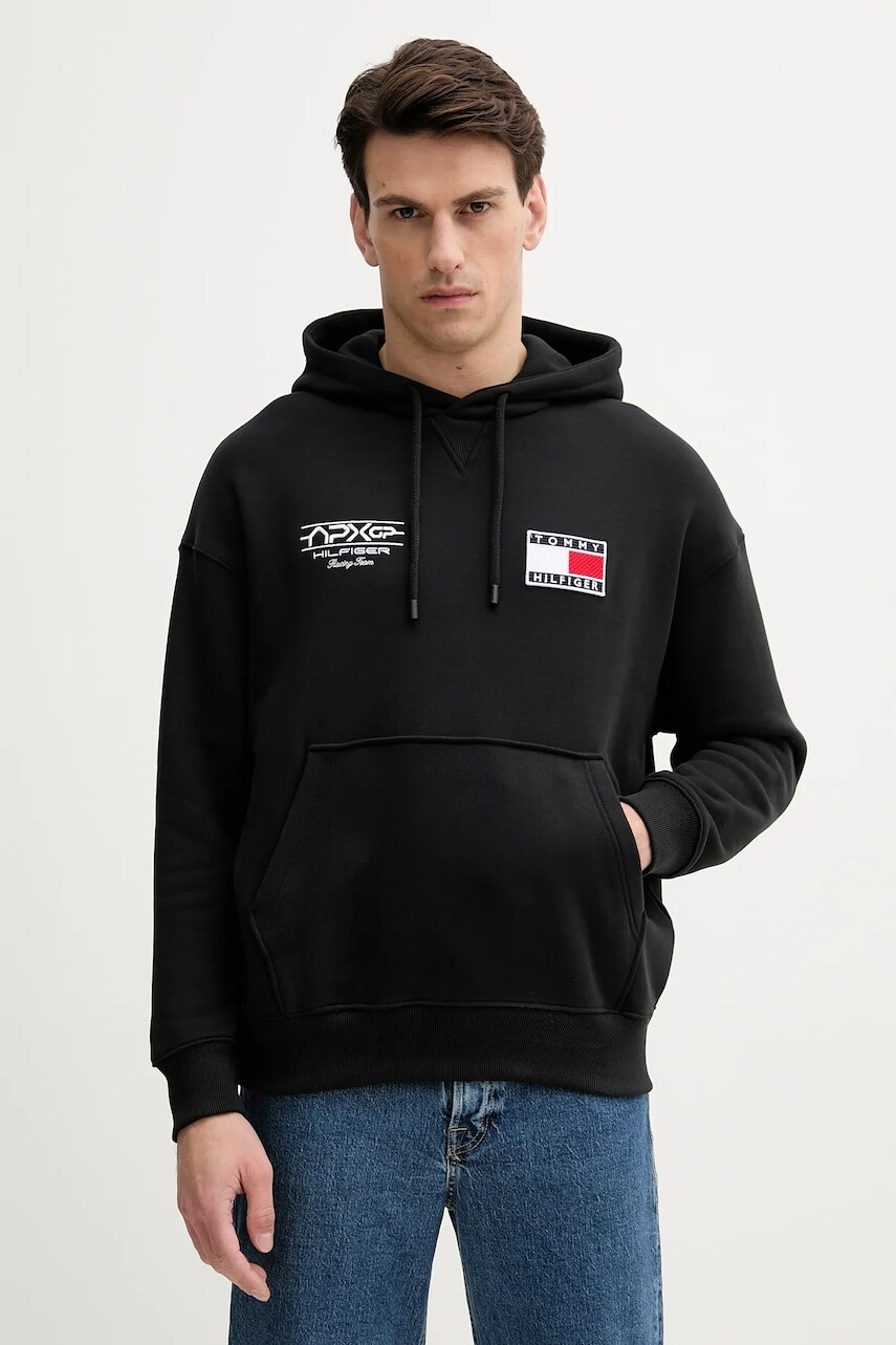 Bavlnená mikina Tommy Hilfiger x F1 THE MOVIE čierna farba, s kapucňou, s nášivkou, MW0MW41386