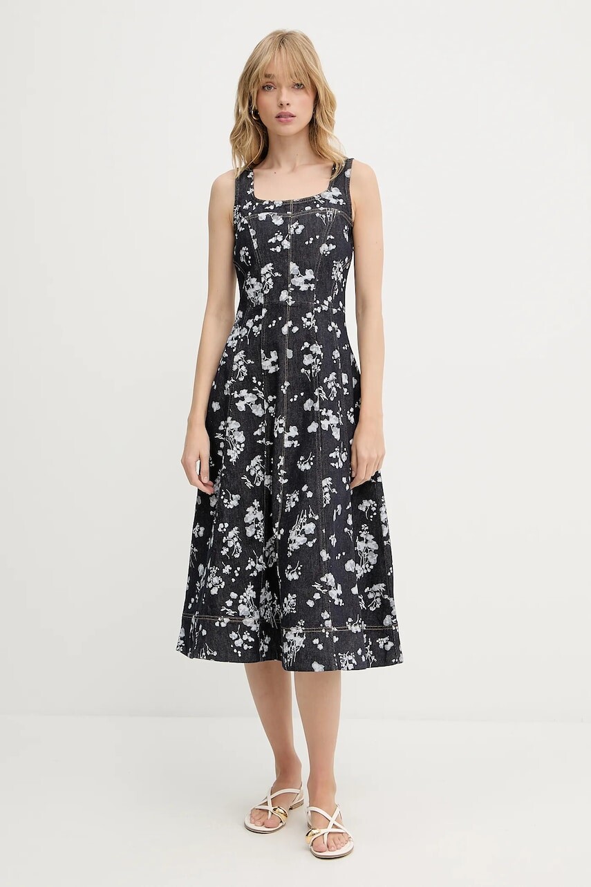 Rifľové šaty Karl Lagerfeld tmavomodrá farba, midi, áčkový strih, A3W13004