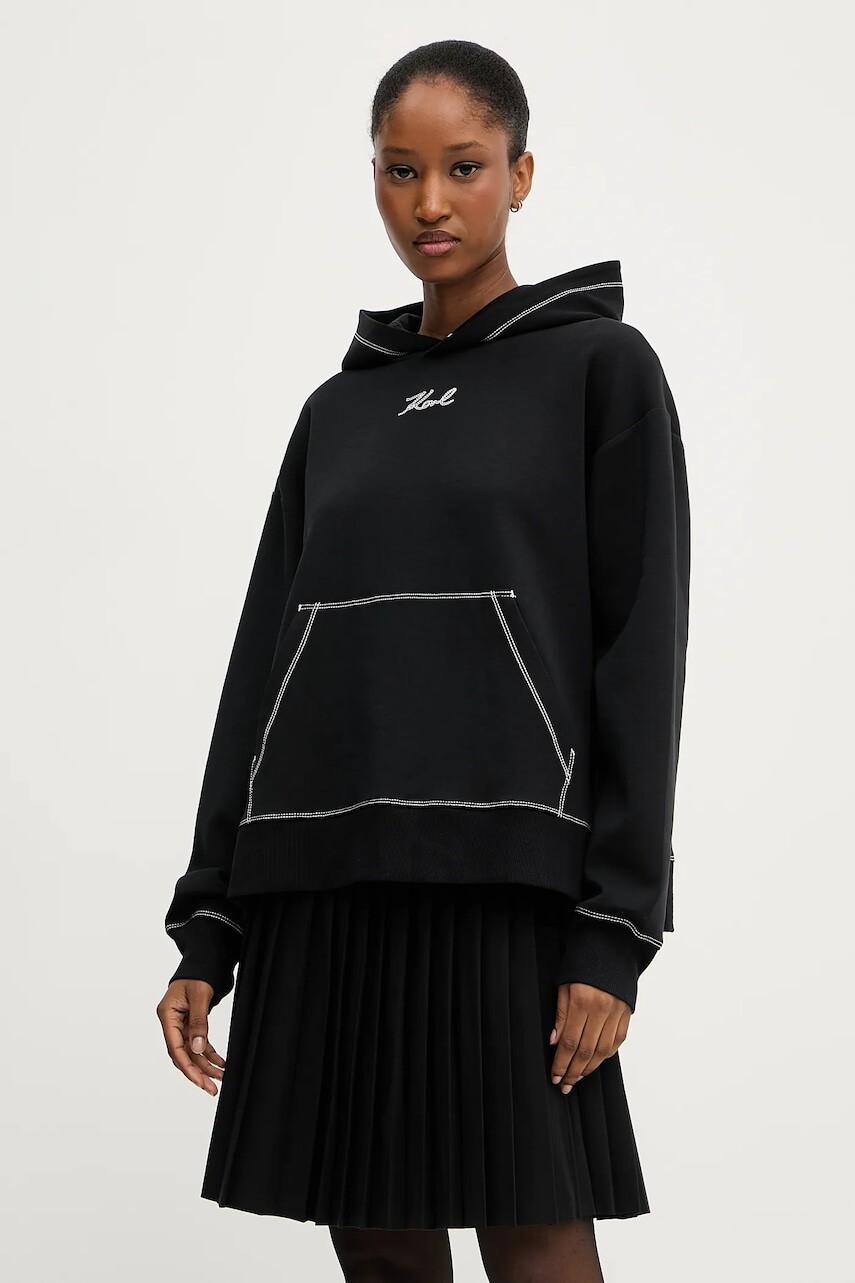 Mikina Karl Lagerfeld čierna farba, s kapucňou, vzorovaná, A3W20011